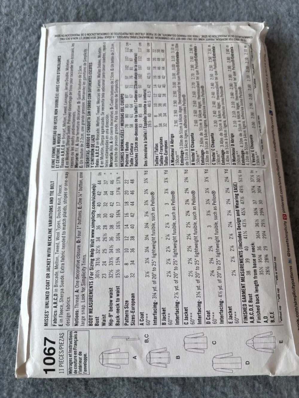 Simplicity 1067 Sewing Pattern Misses Coats/Jackets Size 6 8 10 12 14 Uncut